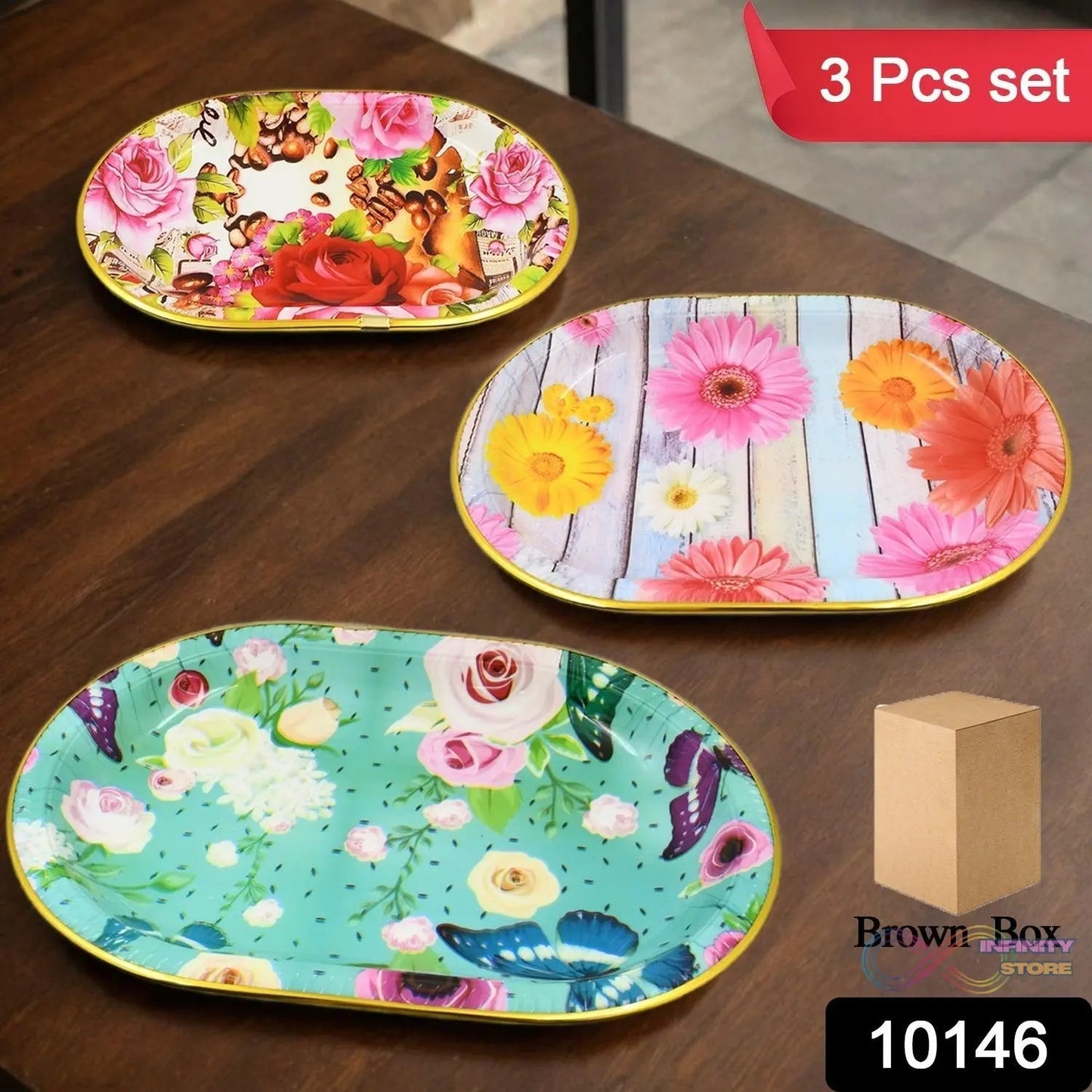 Plastic Flower Printed Design Serving Tray (3 Pcs Set / Mix Color) - infinityexculsivestore.com