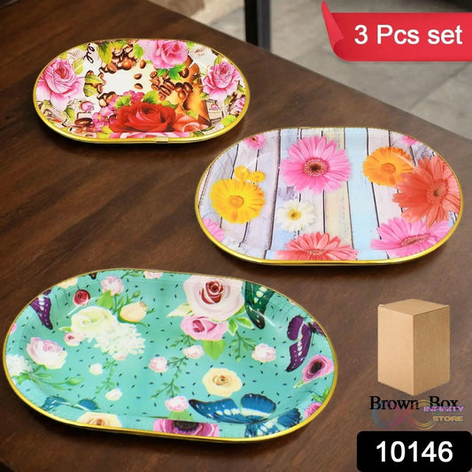 Plastic Flower Printed Design Serving Tray (3 Pcs Set / Mix Color) - infinityexculsivestore.com