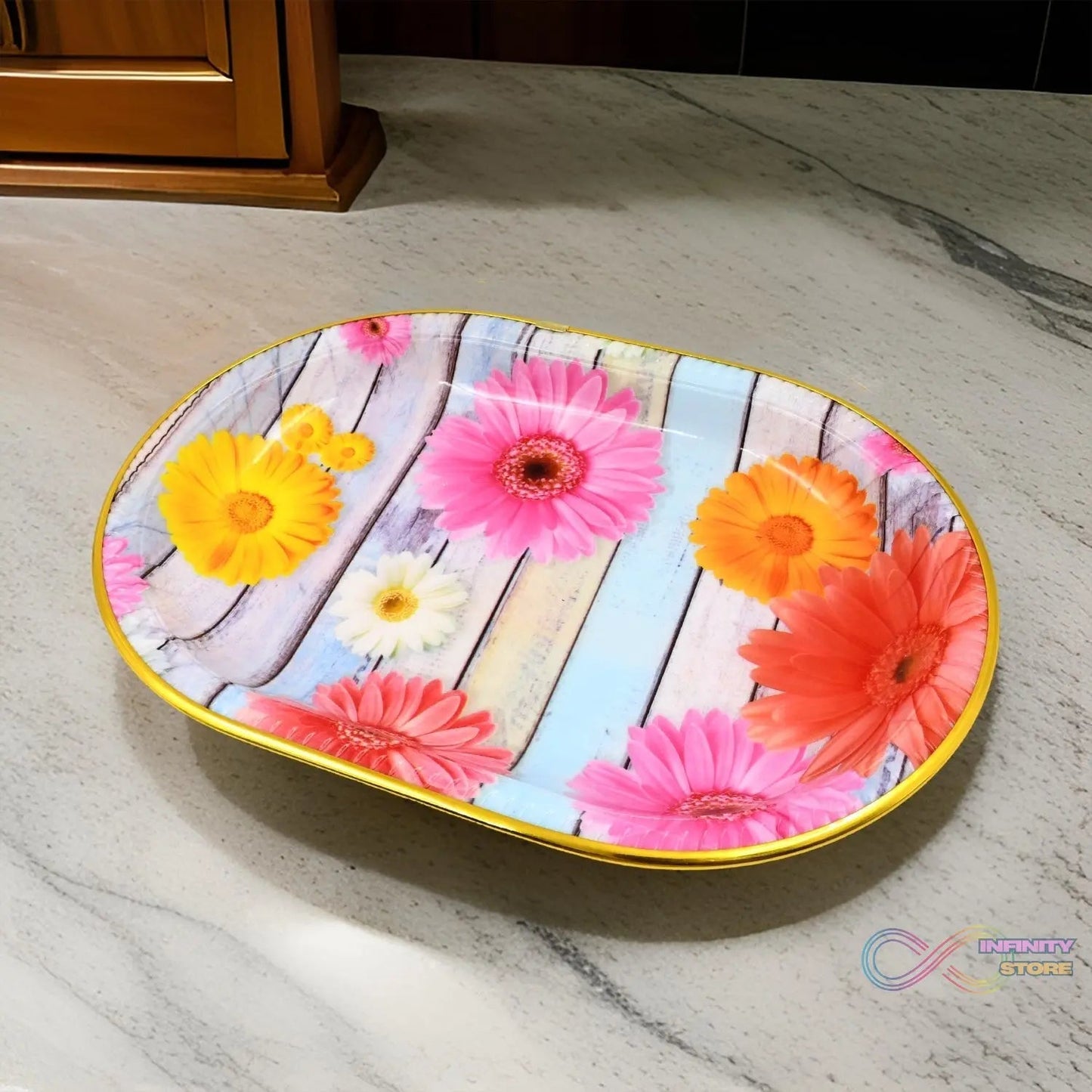 Plastic Flower Printed Design Serving Tray (3 Pcs Set / Mix Color) - infinityexculsivestore.com