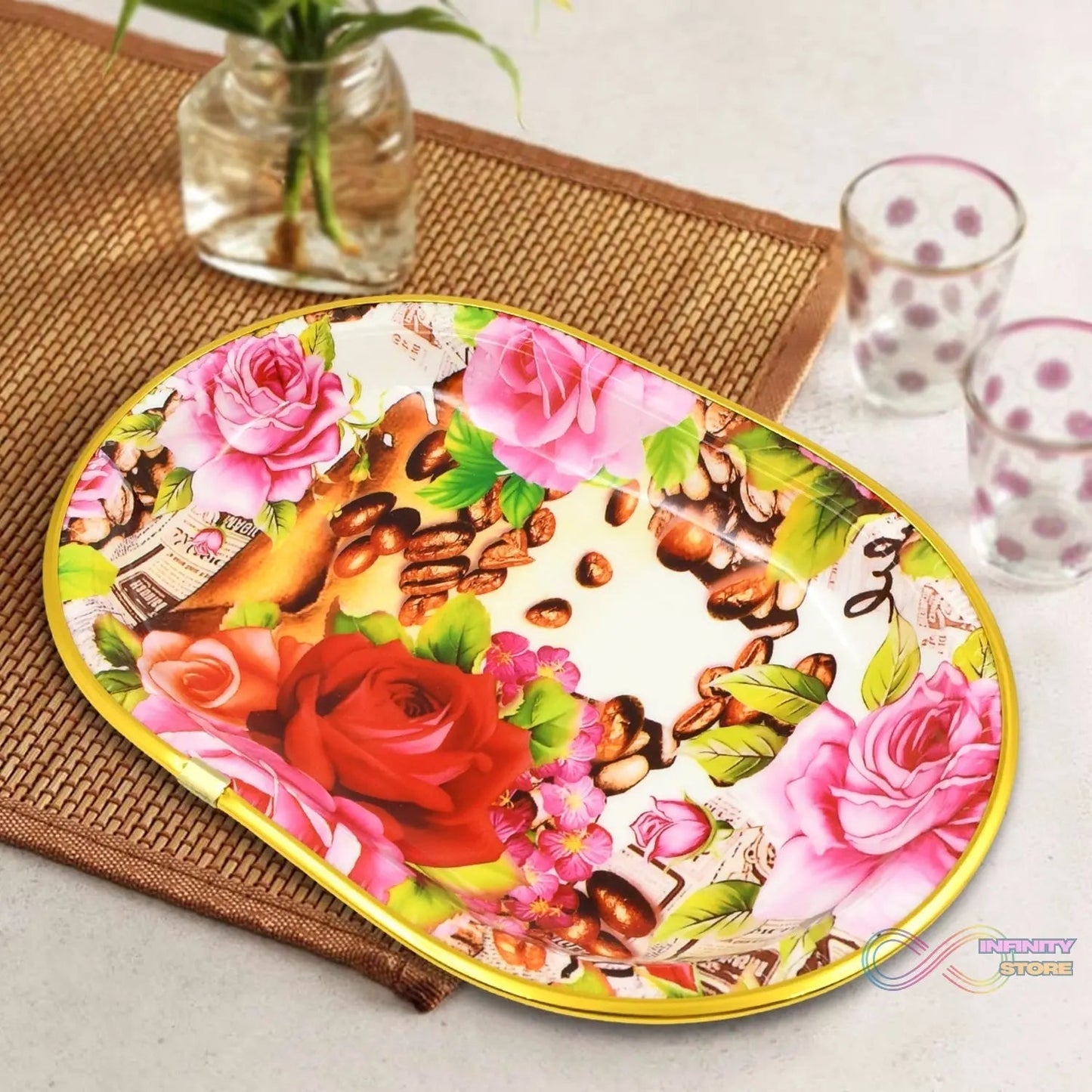 Plastic Flower Printed Design Serving Tray (3 Pcs Set / Mix Color) - infinityexculsivestore.com