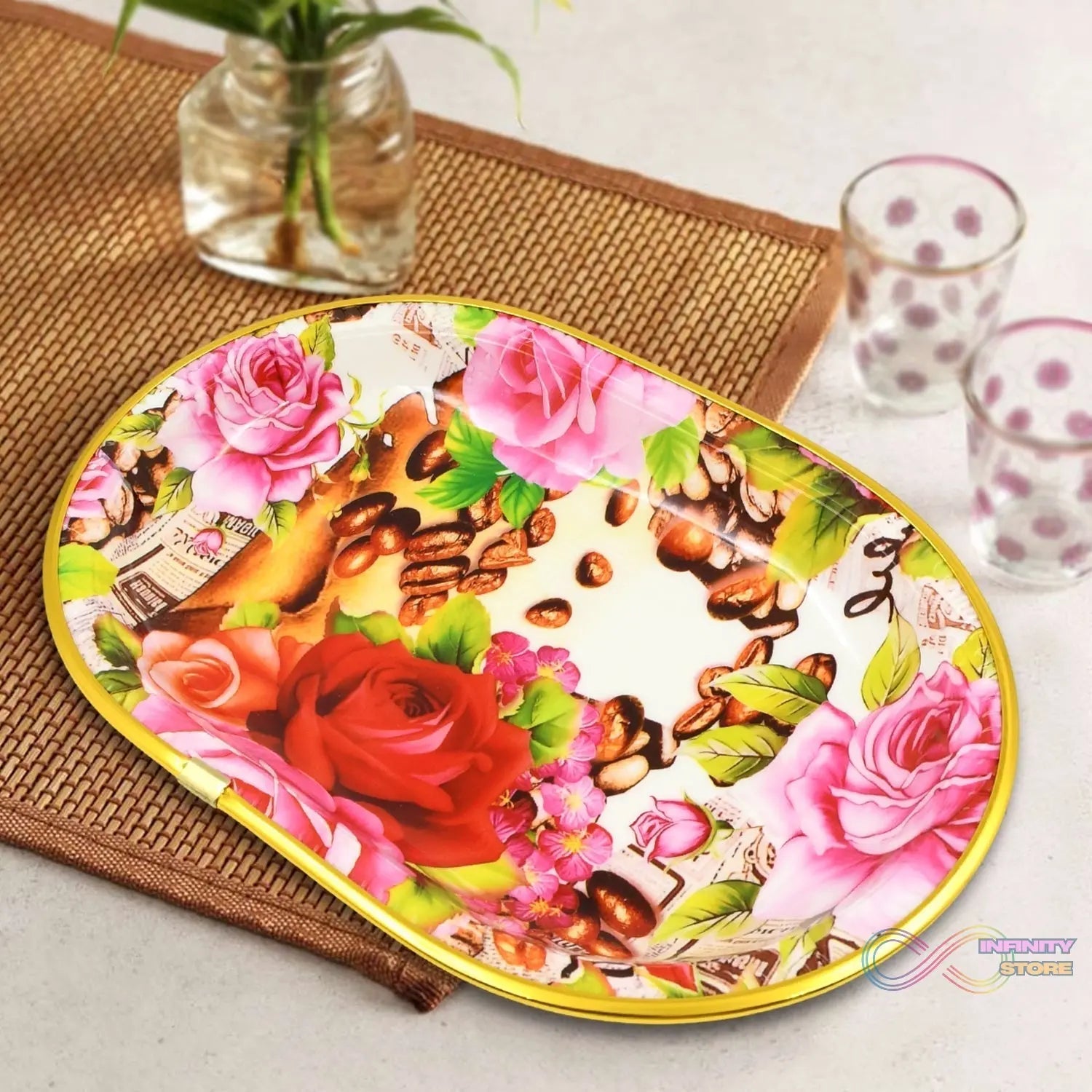Plastic Flower Printed Design Serving Tray (3 Pcs Set / Mix Color) - infinityexculsivestore.com