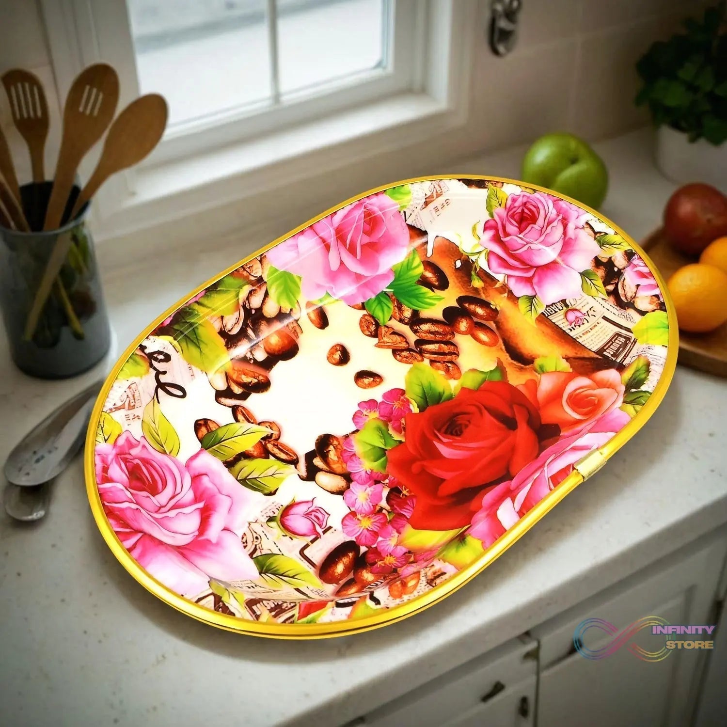 Plastic Flower Printed Design Serving Tray (3 Pcs Set / Mix Color) - infinityexculsivestore.com