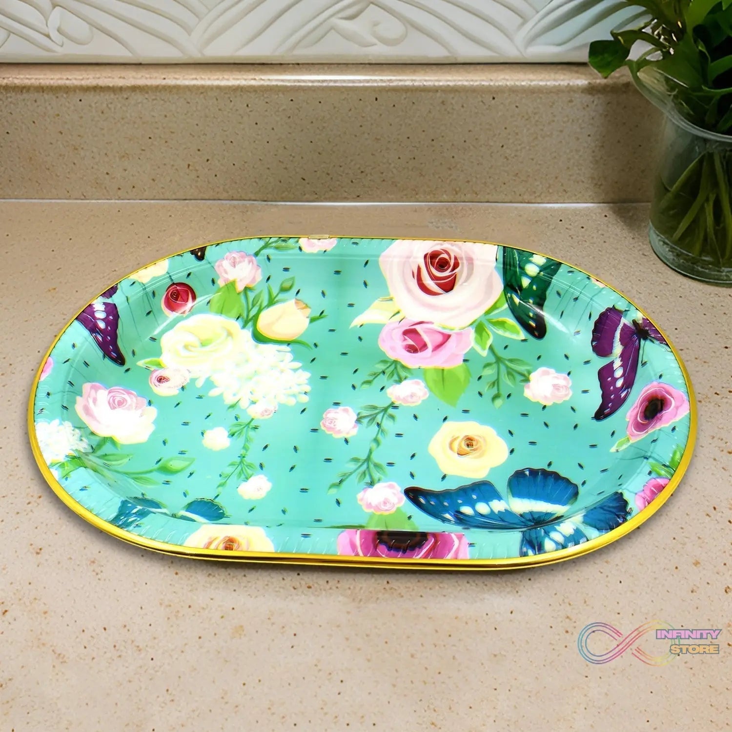 Plastic Flower Printed Design Serving Tray (3 Pcs Set / Mix Color) - infinityexculsivestore.com