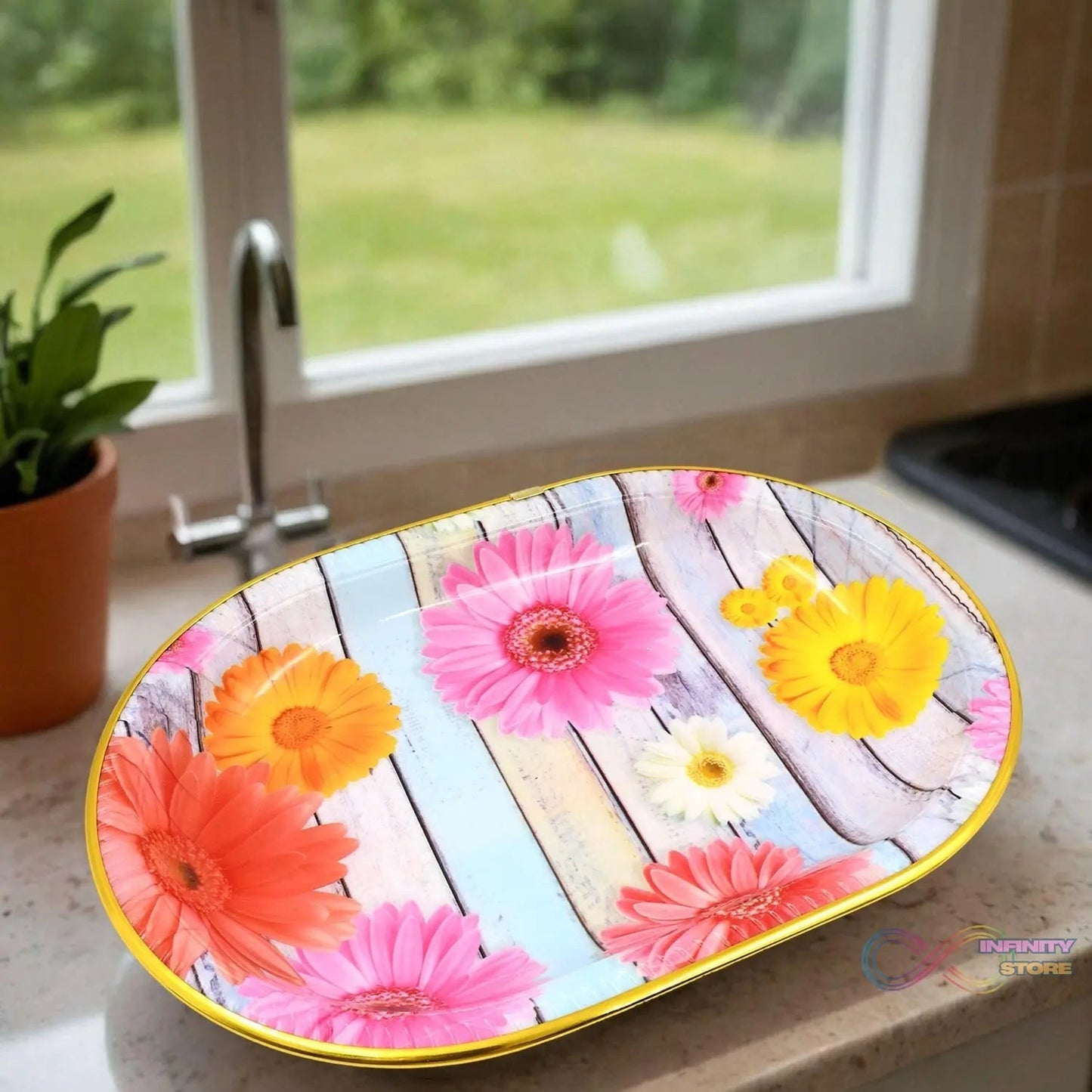 Plastic Flower Printed Design Serving Tray (3 Pcs Set / Mix Color) - infinityexculsivestore.com
