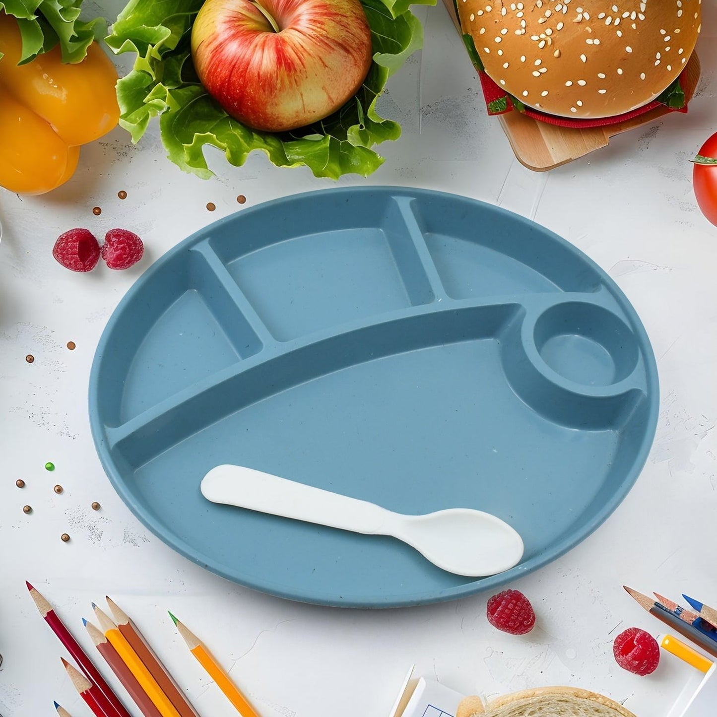 Plastic Food Plates / Biodegradable 5 Compartment Plate With Spoon for Food Snacks / Nuts / Desserts Plates for Kids, Reusable Plates for Outdoor, Camping, BPA - free (1 Pc) - infinityexculsivestore.com