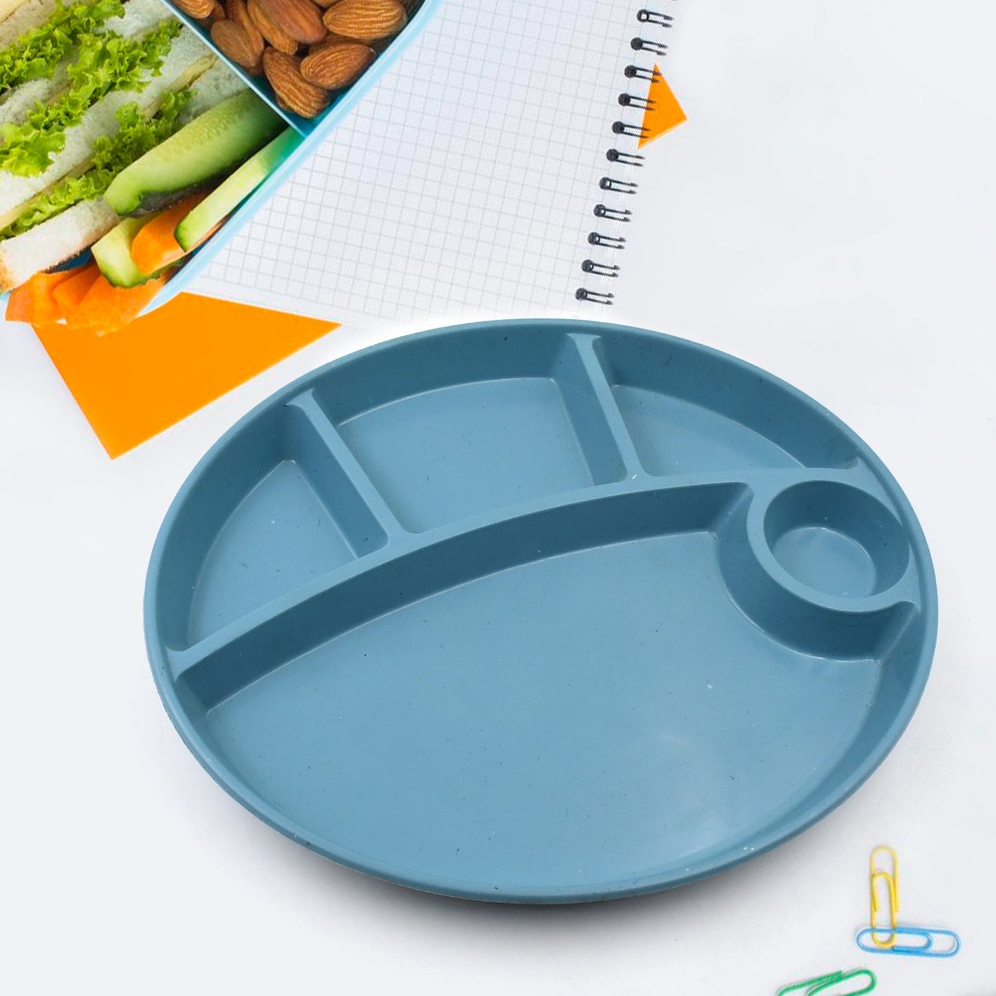 Plastic Food Plates / Biodegradable 5 Compartment Plate With Spoon for Food Snacks / Nuts / Desserts Plates for Kids, Reusable Plates for Outdoor, Camping, BPA - free (1 Pc) - infinityexculsivestore.com