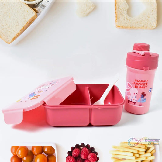 Plastic Lunch Box Leak Proof 2 Compartment with Bottle and Fork (1 Set / Mix Color) - infinityexculsivestore.com