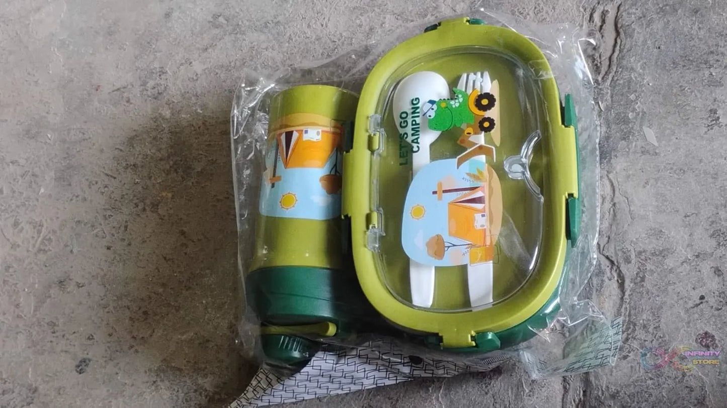 Plastic Lunch Box Leak Proof 3 Compartment with Bottle, Spoon and Fork (1 Set) - infinityexculsivestore.com