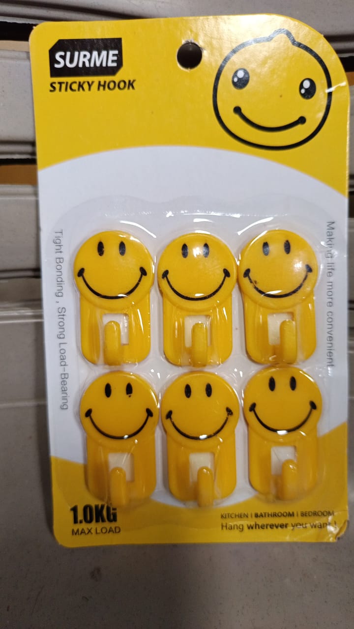 Plastic Self - Adhesive Smiley Face Hooks, 1 Kg Load Capacity (6pcs) - infinityexculsivestore.com