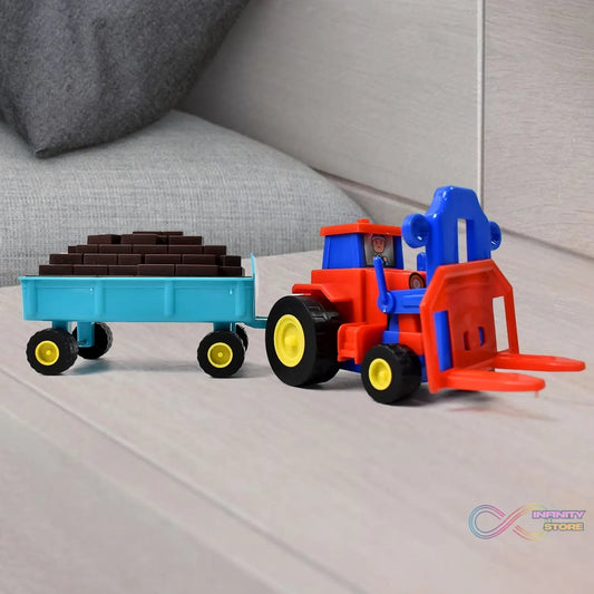 Plastic Tractor Toy Friction Powered Tractor with Bricks Trolley (1 Pc) - infinityexculsivestore.com