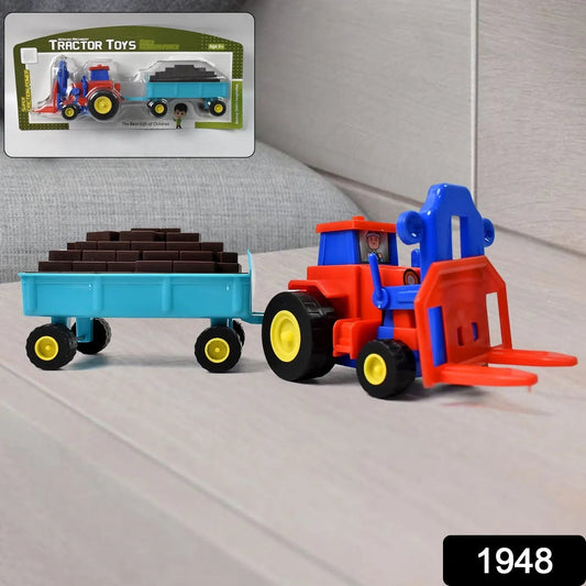 Plastic Tractor Toy Friction Powered Tractor with Bricks Trolley (1 Pc) - infinityexculsivestore.com