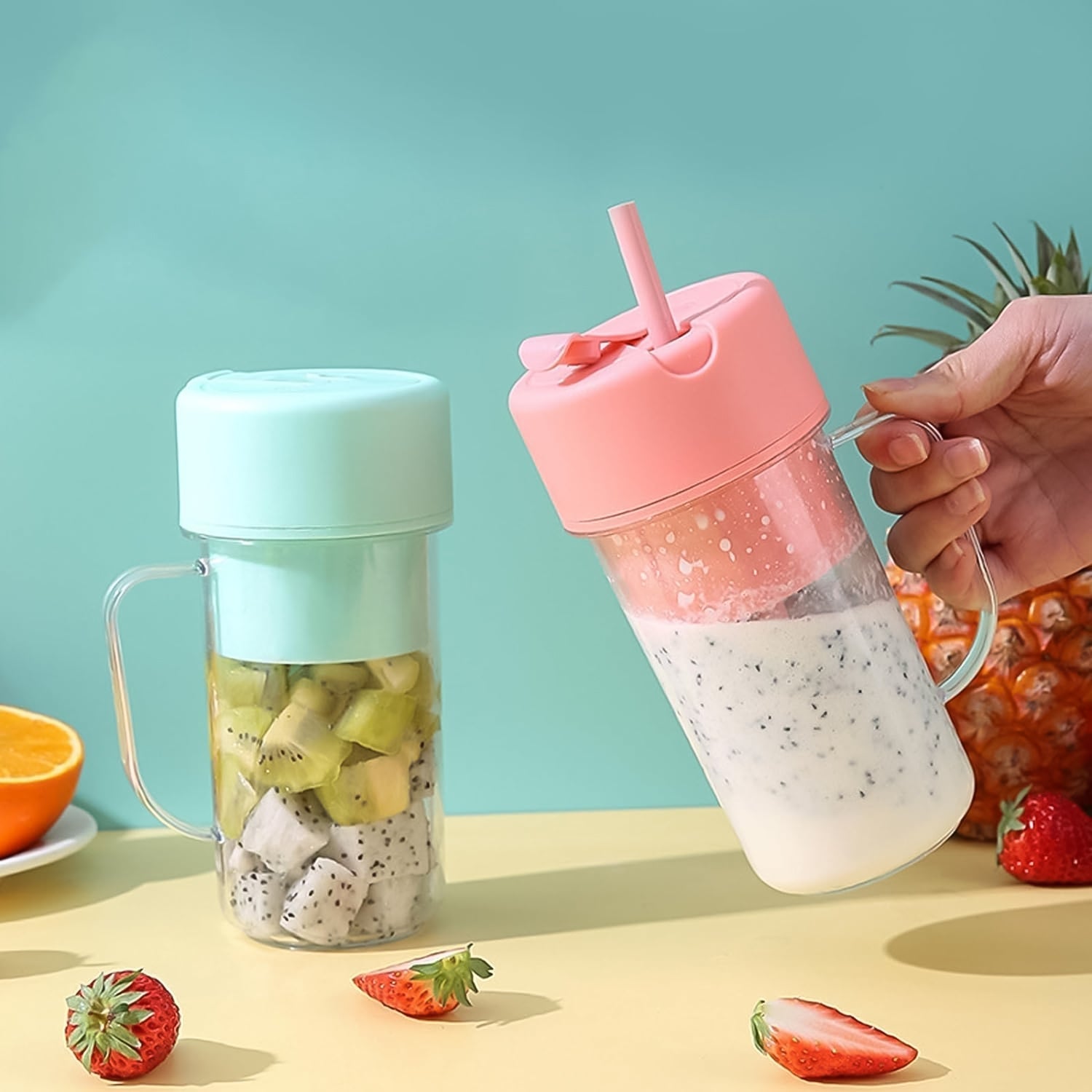 Portable Crusher Juicer With Handle & Straw, USB Rechargeable 6 Blades (420 ML) - infinityexculsivestore.com