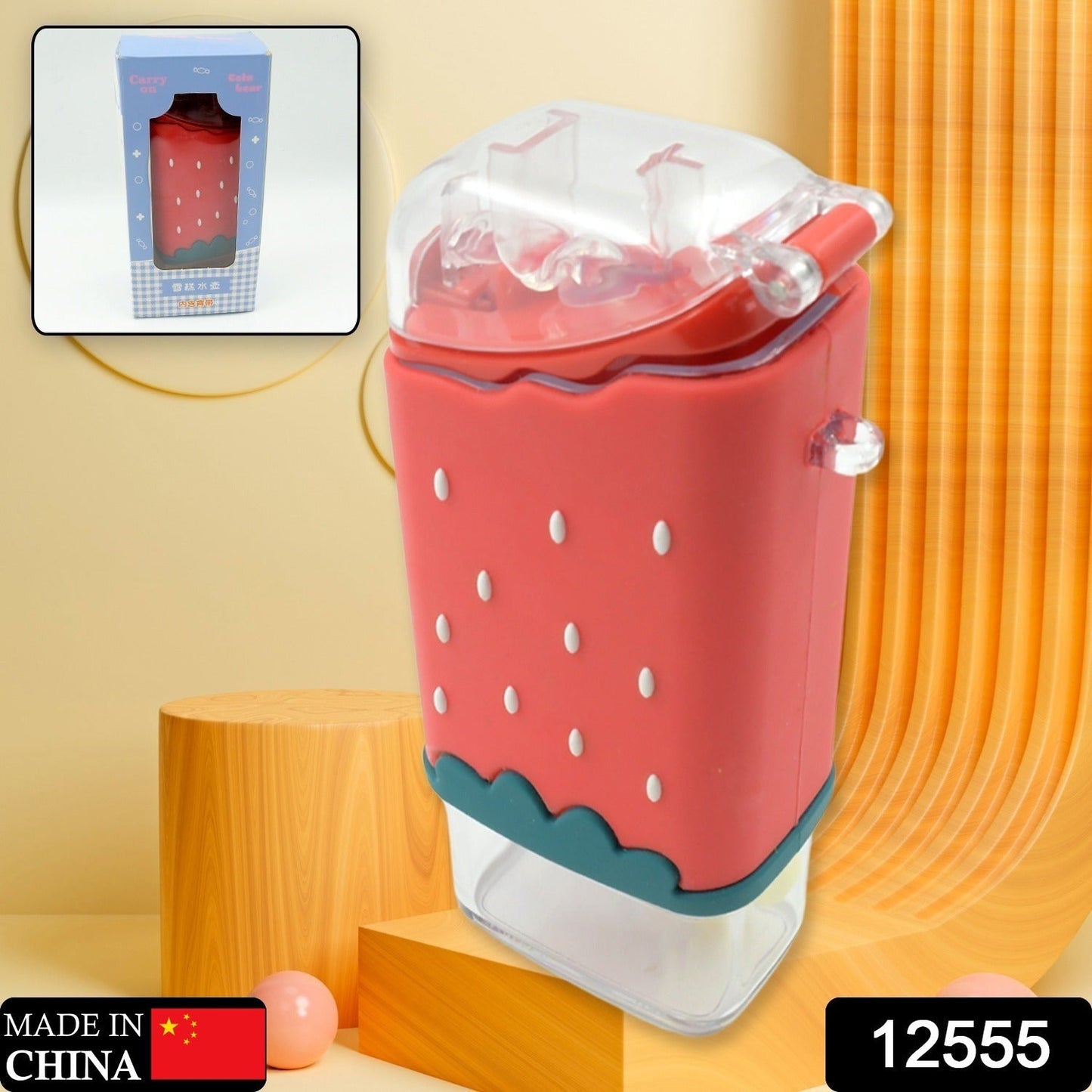 Portable Cute Water Bottle for Kids, Unique Ice Cream Shape water cup, Popsicle Shaped Plastic Kettle with Straw, Adjustable Shoulder Strap, BPA free, Leakproof (300 ML) - infinityexculsivestore.com