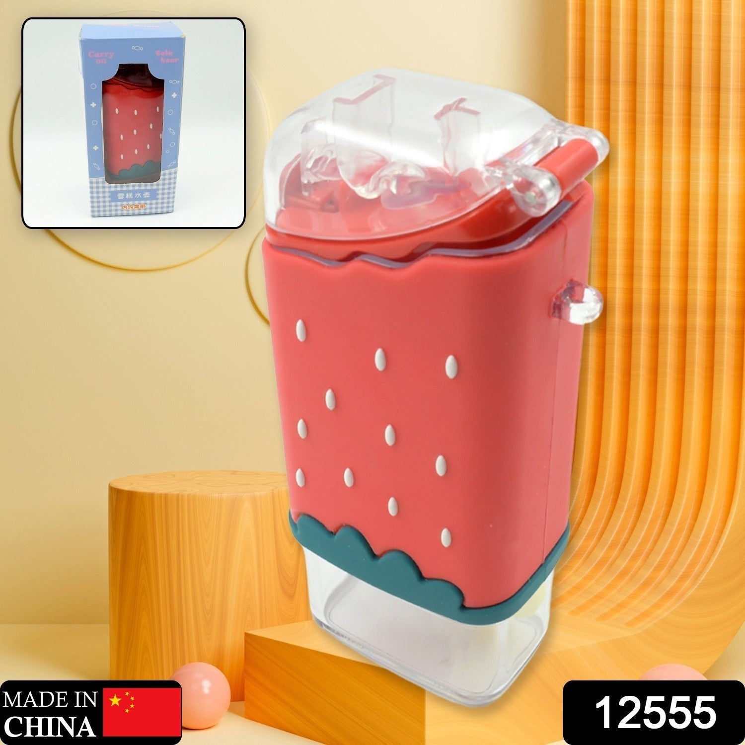 Portable Cute Water Bottle for Kids, Unique Ice Cream Shape water cup, Popsicle Shaped Plastic Kettle with Straw, Adjustable Shoulder Strap, BPA free, Leakproof (300 ML) - infinityexculsivestore.com