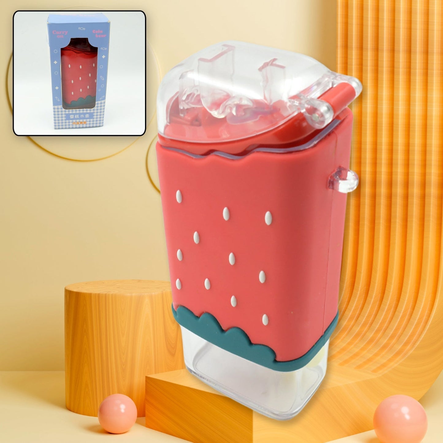 Portable Cute Water Bottle for Kids, Unique Ice Cream Shape water cup, Popsicle Shaped Plastic Kettle with Straw, Adjustable Shoulder Strap, BPA free, Leakproof (300 ML) - infinityexculsivestore.com