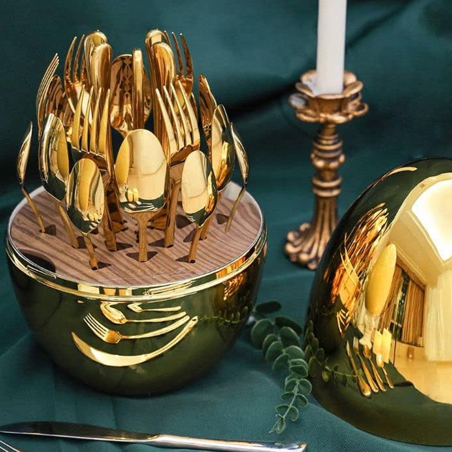 Premium Cutlery Set 24 Pcs with Oval Shaped Stand | Beautiful Stylish Oval Designed Cutlery Sets, Egg - Shaped Luxury Spoon Holder Set  (Golden / 24 pcs set) - infinityexculsivestore.com