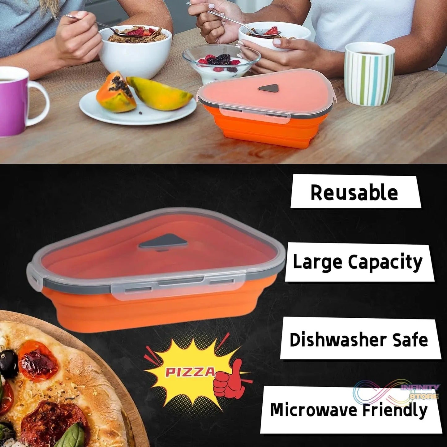 Reusable Pizza Storage Containers with 5 Microwavable Serving Trays, Silicone Container Expandable & Adjustable for Packing Pizza at home / outdoor - infinityexculsivestore.com