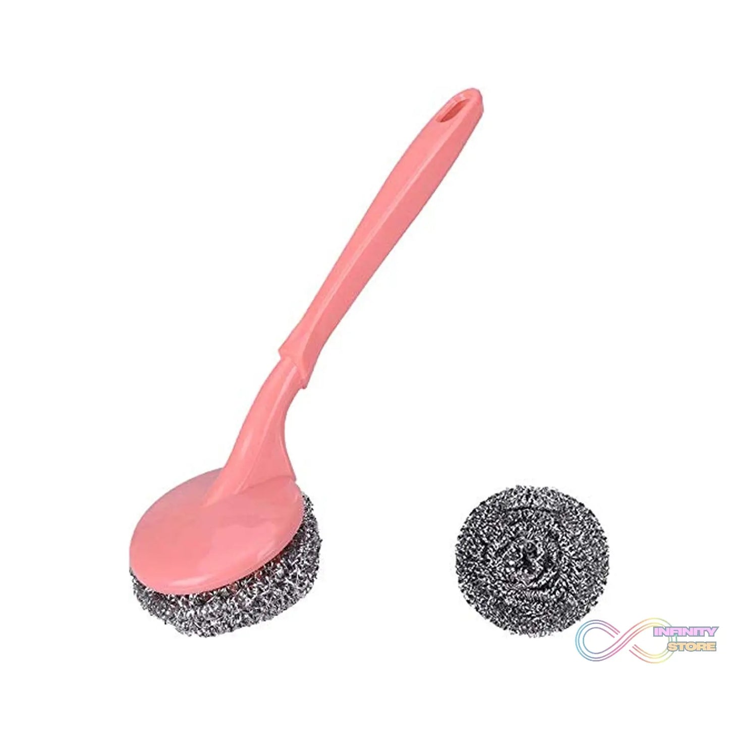 Scrubber with handle for kitchen cleaning, suitable for hard stains.