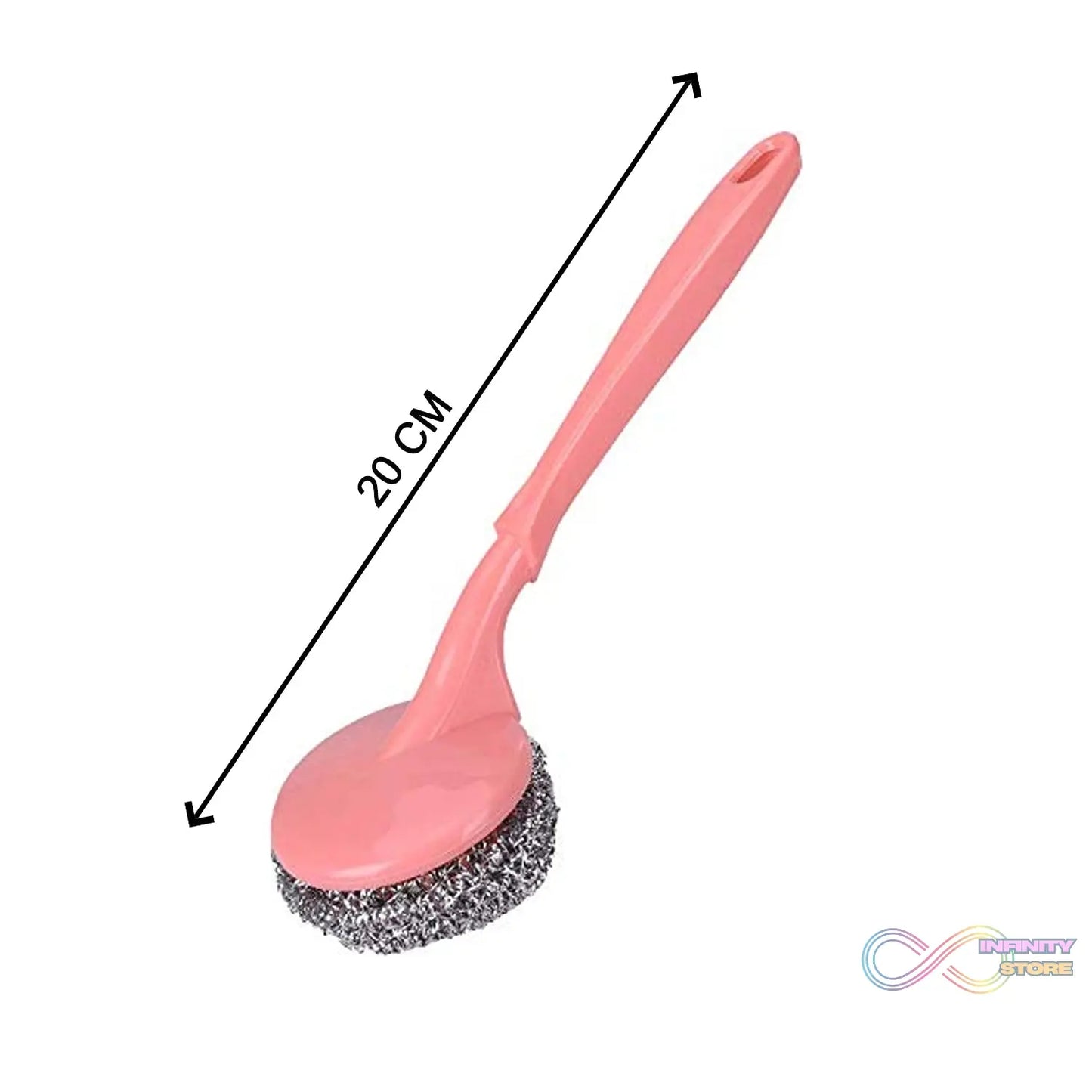 Hard stain scrubber with handle, suitable for kitchen and utensil cleaning.