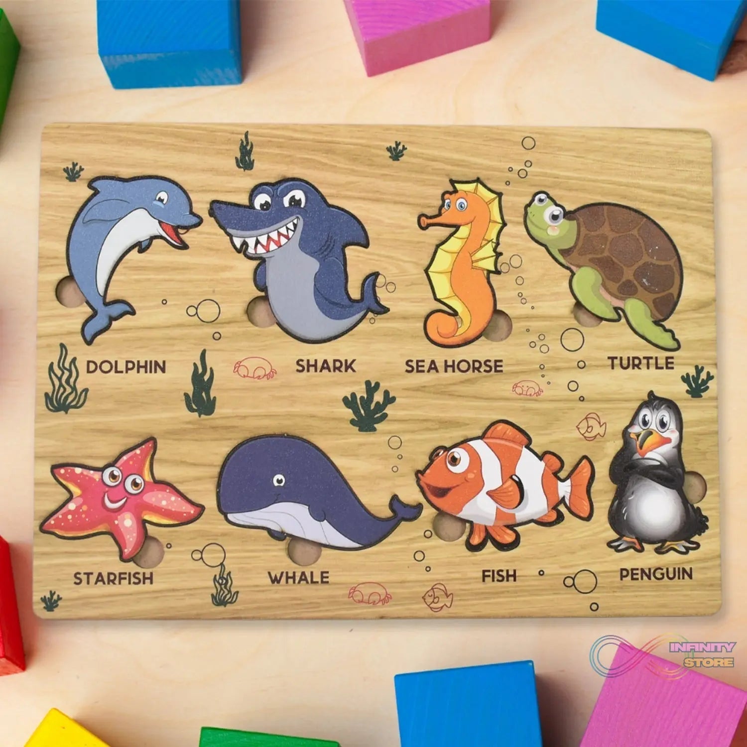 Seawater Animal Wooden Puzzle Learning Educational Board (1 Set) - infinityexculsivestore.com