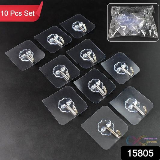 Self Adhesive Transparent Sticky Plastic & Stainless Steel Wall Hooks (10 Pcs Set) - infinityexculsivestore.com