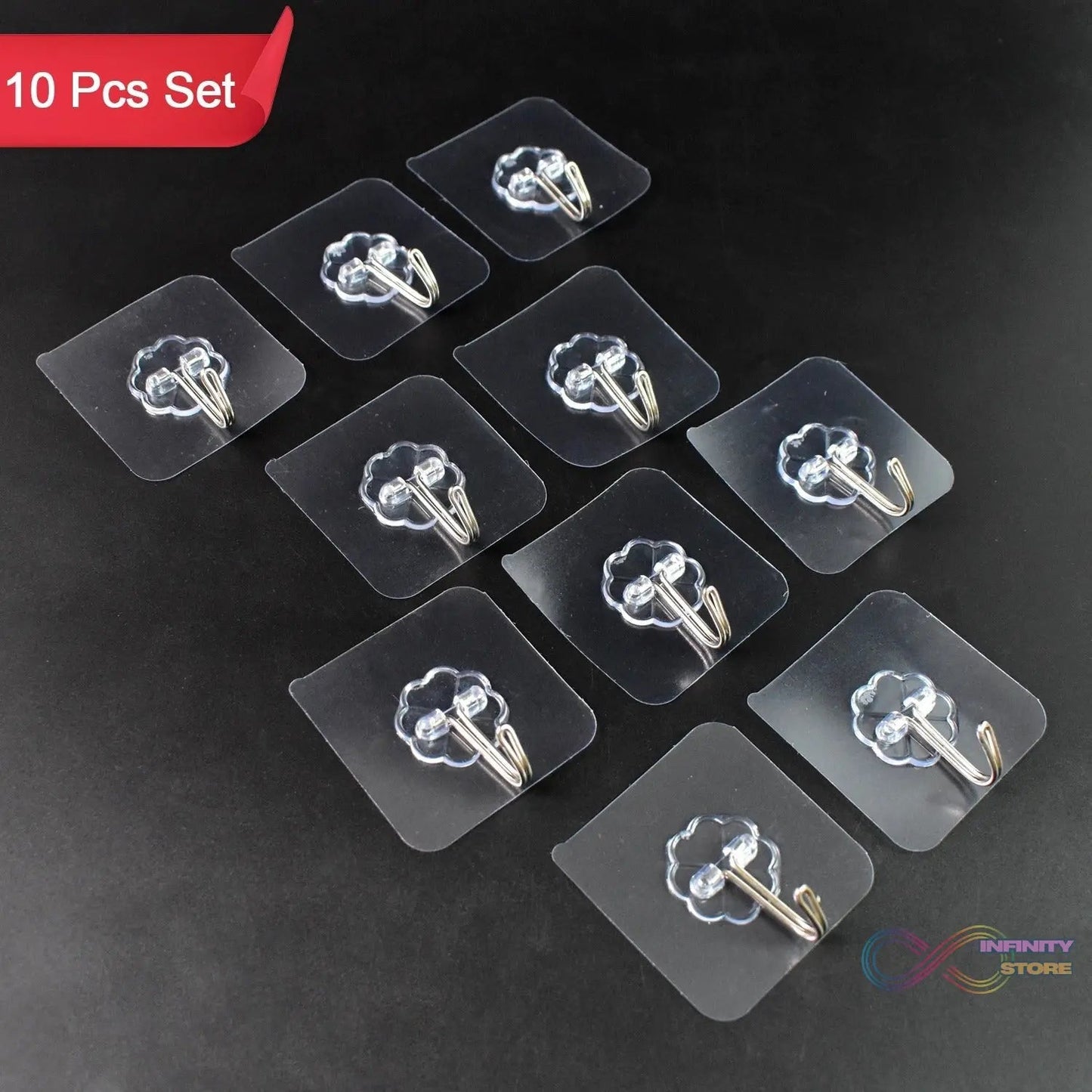 Self Adhesive Transparent Sticky Plastic & Stainless Steel Wall Hooks (10 Pcs Set) - infinityexculsivestore.com