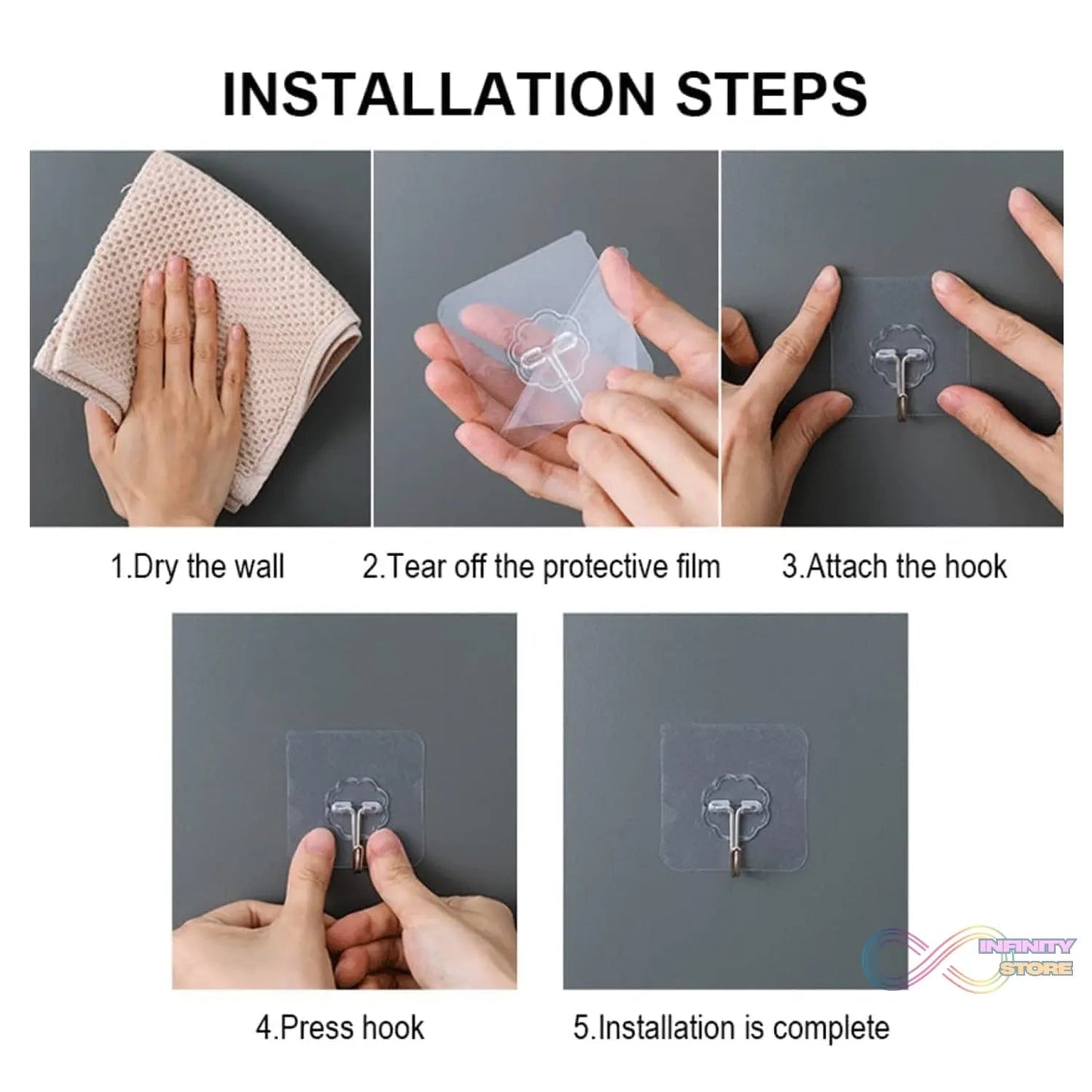 Self Adhesive Transparent Sticky Plastic & Stainless Steel Wall Hooks (10 Pcs Set) - infinityexculsivestore.com