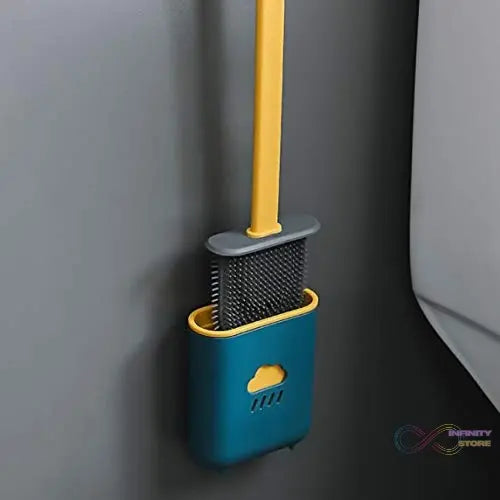 Silicone toilet brush with holder for easy cleaning.