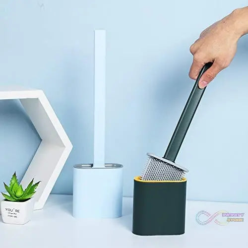 Durable silicone brush with stand for bathroom hygiene.