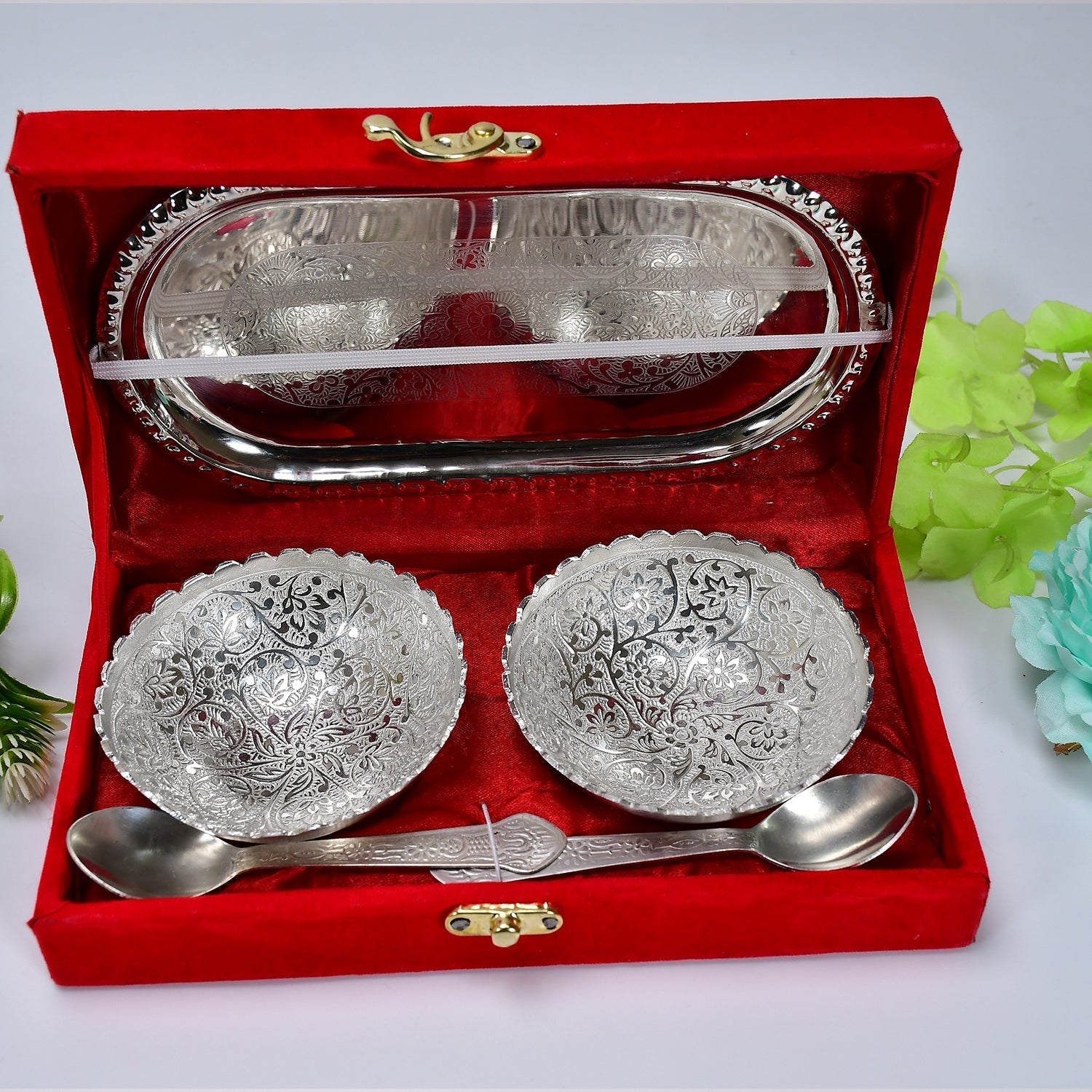 Silver - Plated Brass Bowl & Spoon Set with Velvet Gift Box - infinityexculsivestore.com