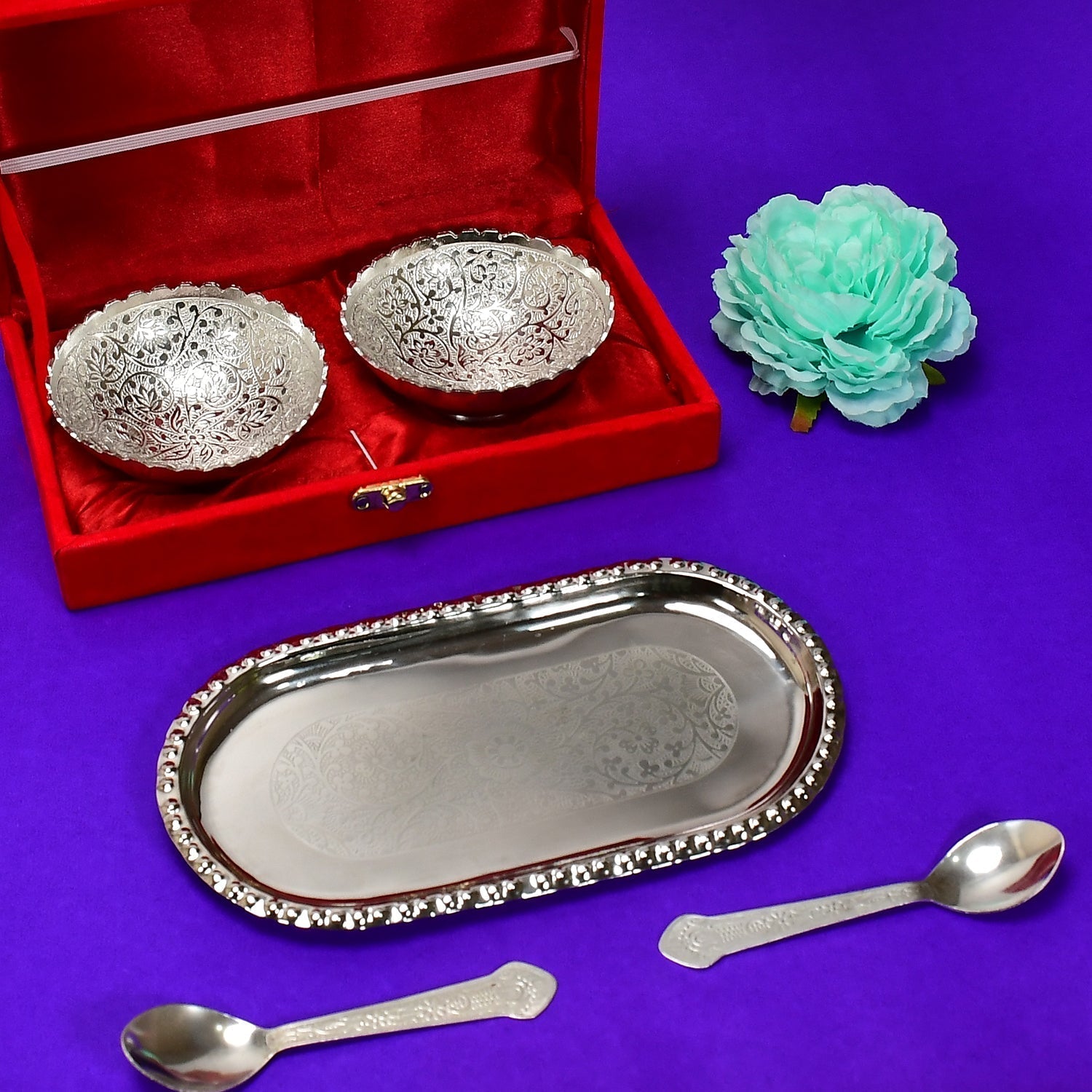Silver - Plated Brass Bowl & Spoon Set with Velvet Gift Box - infinityexculsivestore.com