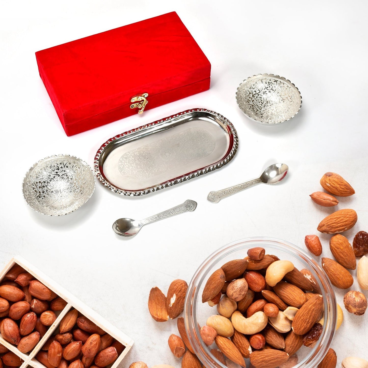 Silver - Plated Brass Bowl & Spoon Set with Velvet Gift Box - infinityexculsivestore.com