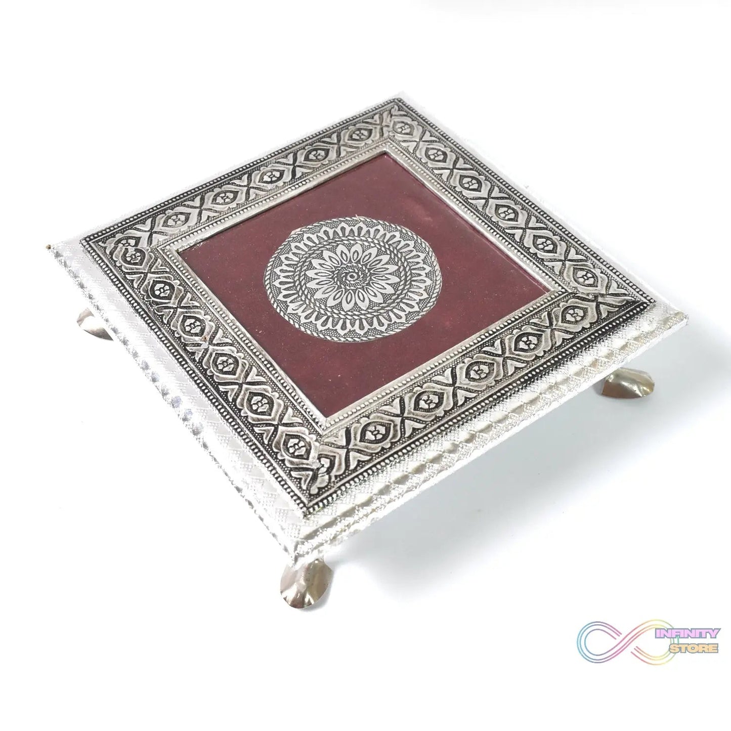 Silver - Square Pooja Chowki Patla / Bajot (20×20 CM / 1 Pc) - infinityexculsivestore.com