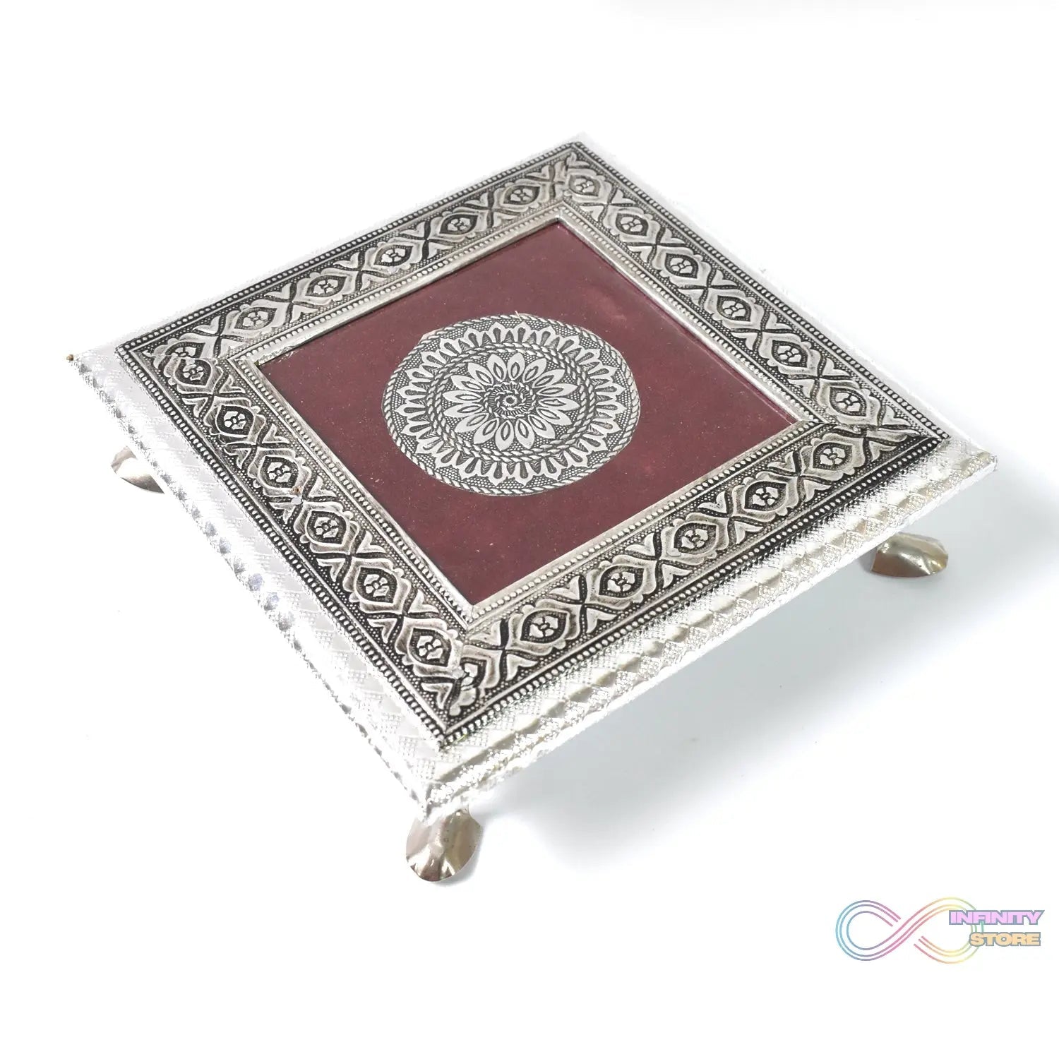 Silver - Square Pooja Chowki Patla / Bajot (20×20 CM / 1 Pc) - infinityexculsivestore.com