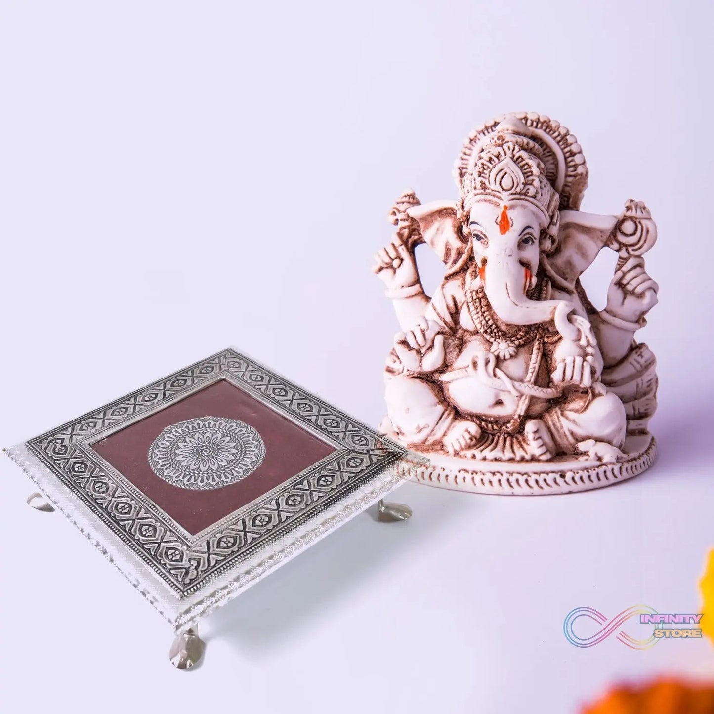 Silver - Square Pooja Chowki Patla / Bajot (20×20 CM / 1 Pc) - infinityexculsivestore.com
