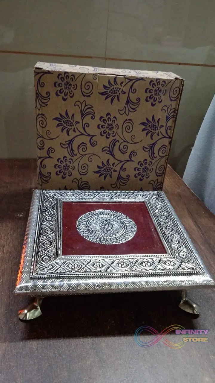 Silver - Square Pooja Chowki Patla / Bajot (20×20 CM / 1 Pc) - infinityexculsivestore.com