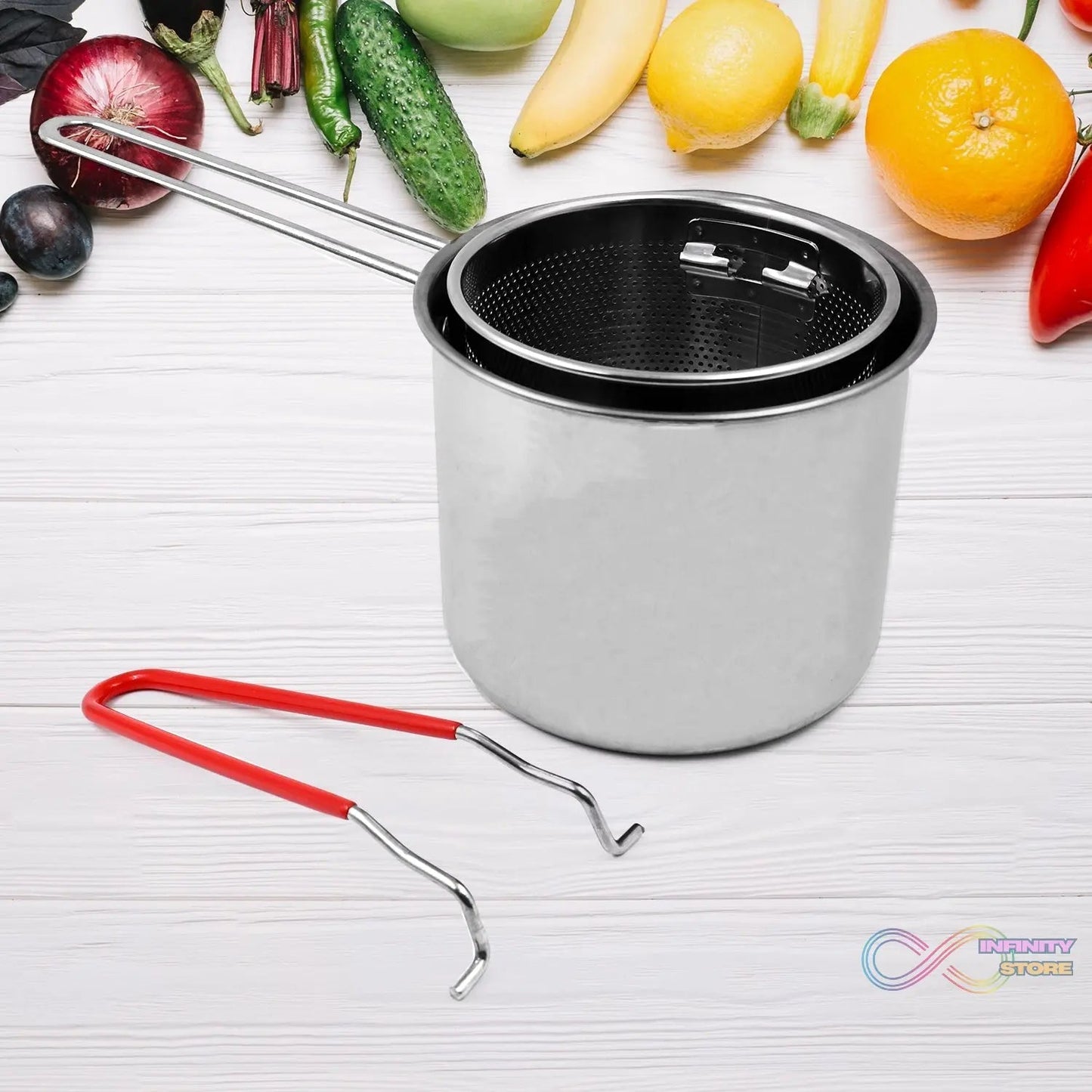 Small Deep Frying Pot With Strainer Basket (2 Pc Set) - infinityexculsivestore.com