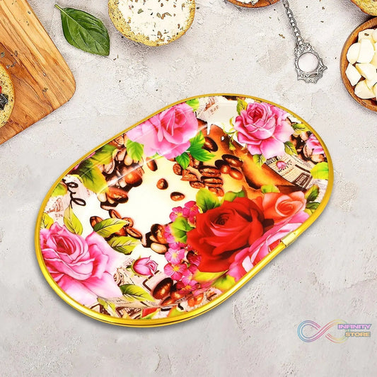 Small Plastic Flower Printed Design Serving Tray (1 Pc / 27 x 18 CM / Mix Color) - infinityexculsivestore.com
