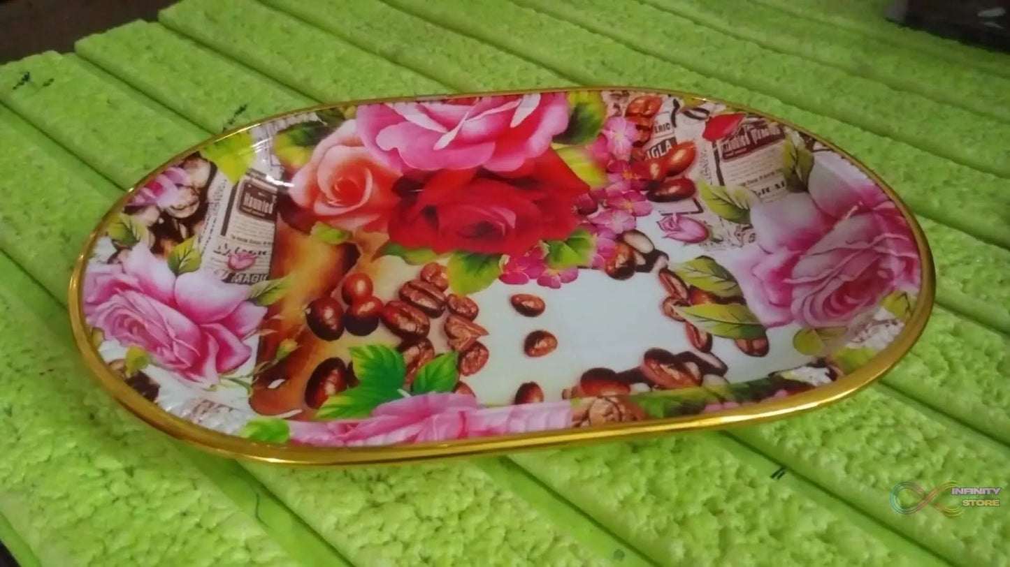 Small Plastic Flower Printed Design Serving Tray (1 Pc / 27 x 18 CM / Mix Color) - infinityexculsivestore.com
