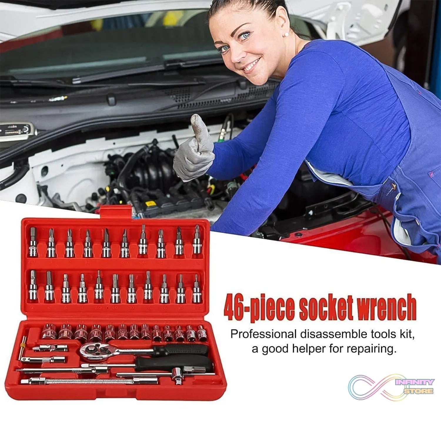 Socket 1 / 4 Inch Combination Repair Tool Kit (Red, 46 pcs) - infinityexculsivestore.com