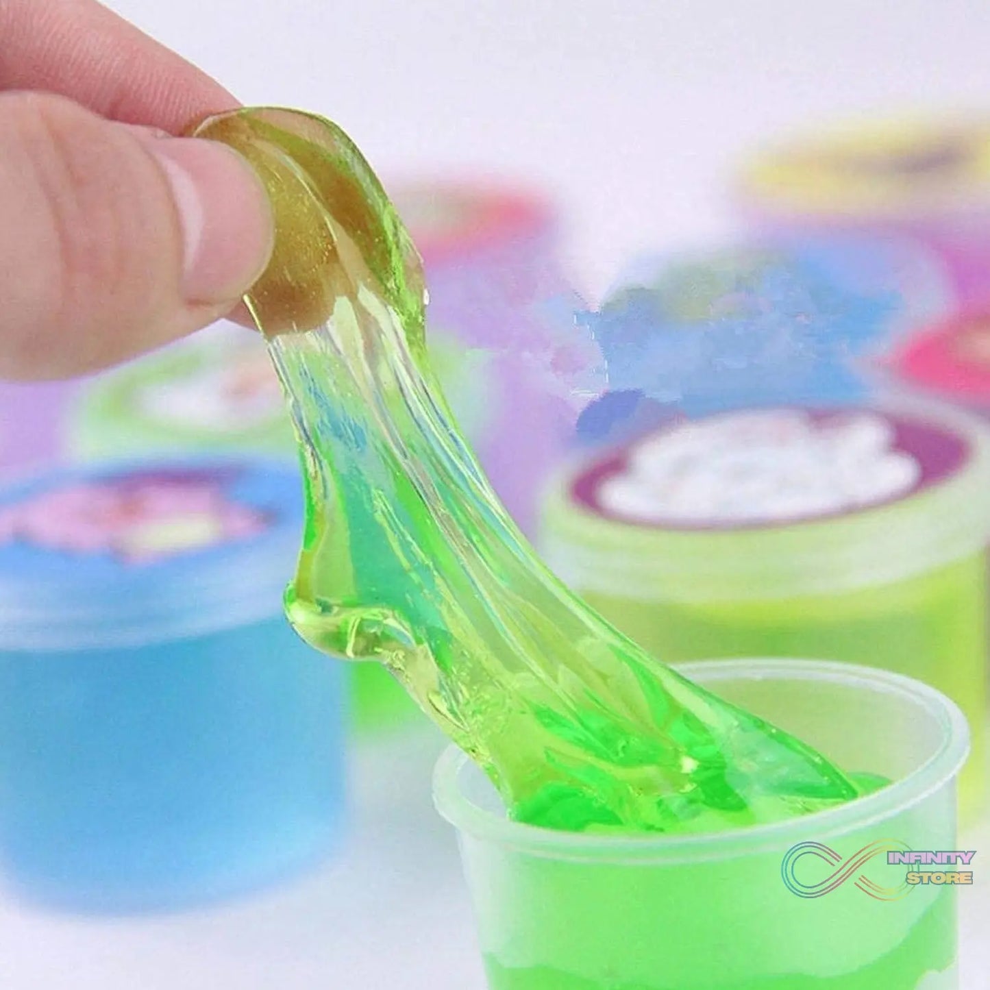 Crystal slime jars displayed together, showing different vibrant colors.