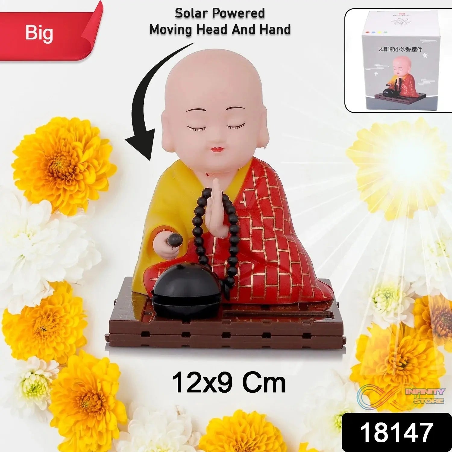Solar Powered Sitting Buddha Statue, Moving Head and Hand (1 Pc / Big) - infinityexculsivestore.com