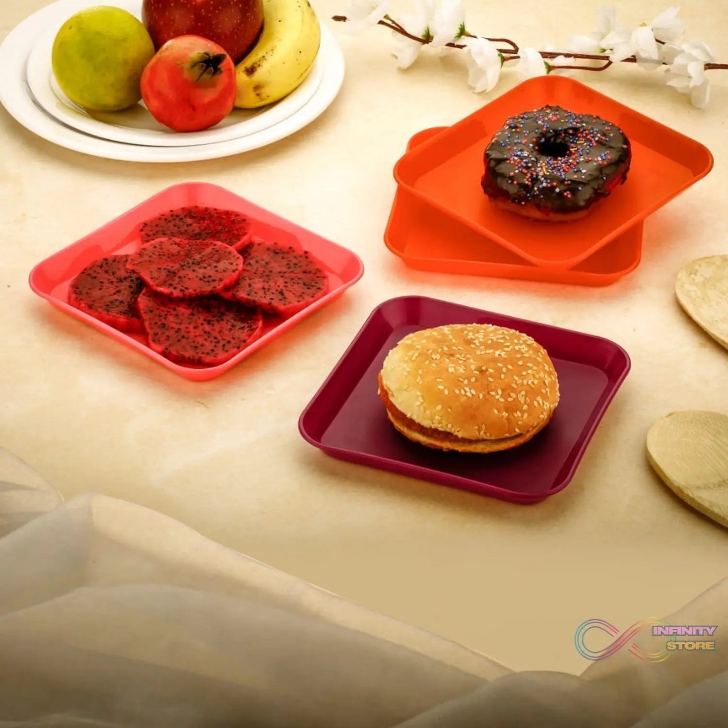 Square Plastic Dinner Plate Set (Set of 6 Pcs) Colorful Snacks / Breakfast Plate - infinityexculsivestore.com