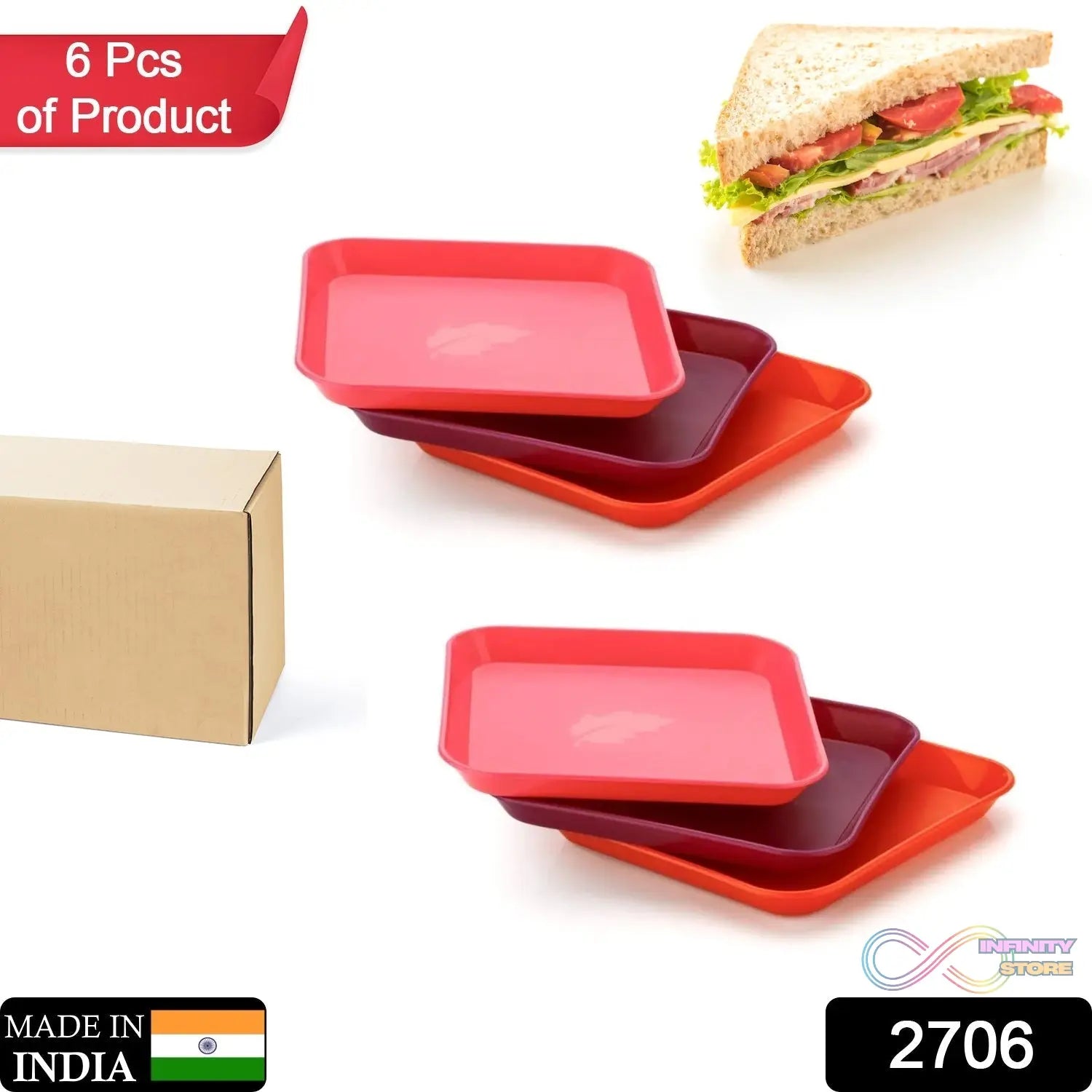 Square Plastic Dinner Plate Set (Set of 6 Pcs) Colorful Snacks / Breakfast Plate - infinityexculsivestore.com