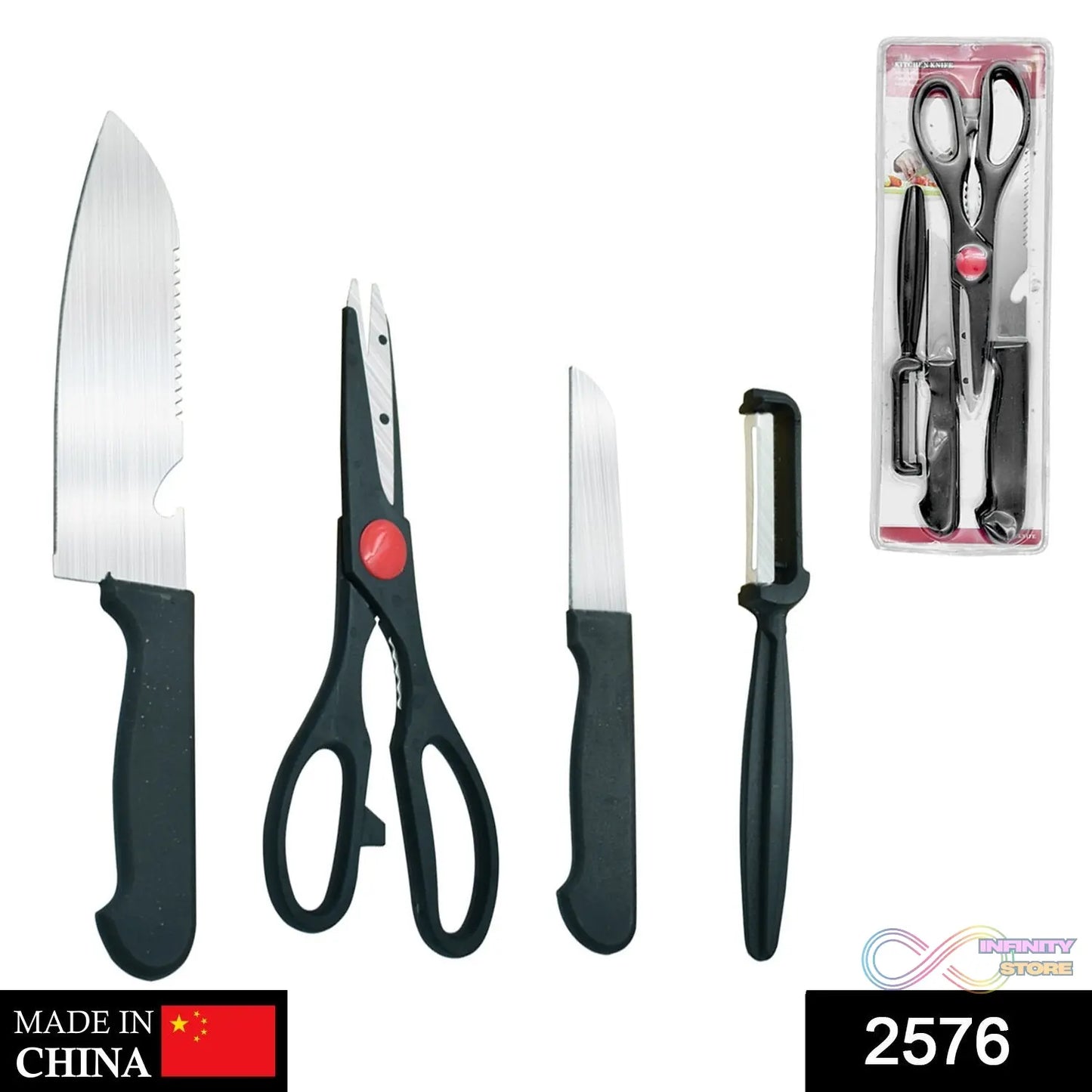 Set of stainless kitchen tools with butcher knife, knife, peeler, and scissors
