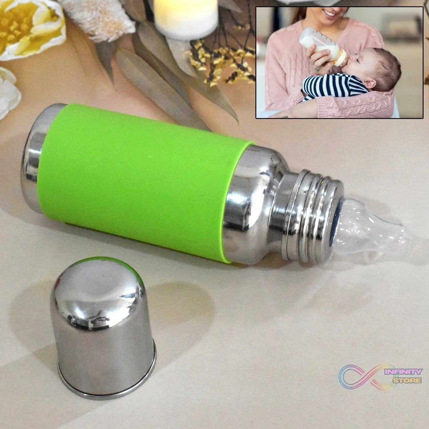 Stainless Steel Baby Feeding Bottle, Milk Feeding Bottle With Silicove Grip Cover (250 ML) - infinityexculsivestore.com