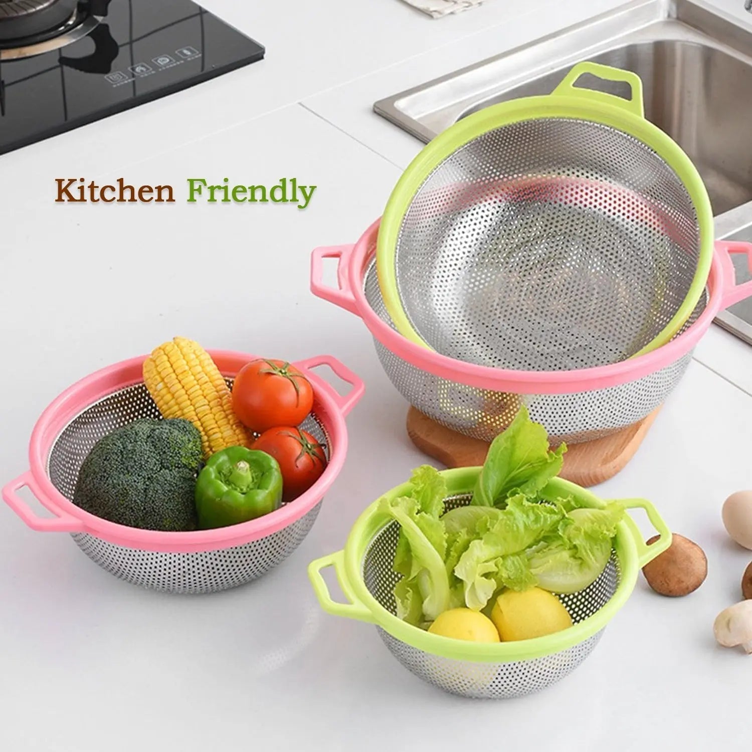 Stainless Steel Colander with Handle, Large Metal Green Strainer for Pasta, Spaghetti, Berry, Veggies, Fruits, Kitchen Food Colander, Dishwasher Safe - infinityexculsivestore.com