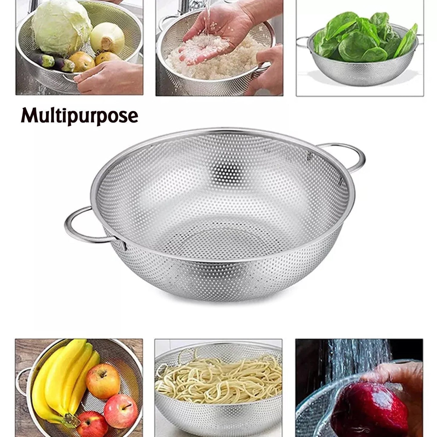 Stainless Steel Colander with Handle, Large Metal Mesh Basket Strainer for Pasta, Spaghetti, Berry, Veggies, Fruits, Kitchen Food Colander, Safe (1 pc / 25.5 cm) - infinityexculsivestore.com