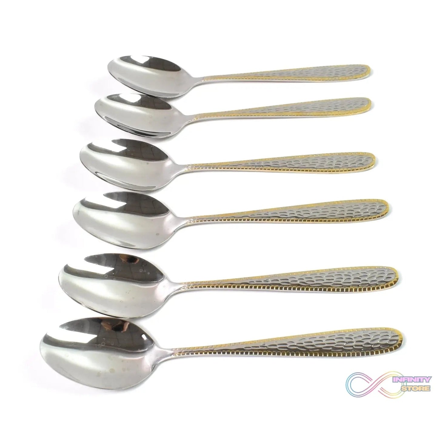 Stainless Steel Gold Bordered Textured Spoons Gold Plated Handle Set of 6 Pc - infinityexculsivestore.com