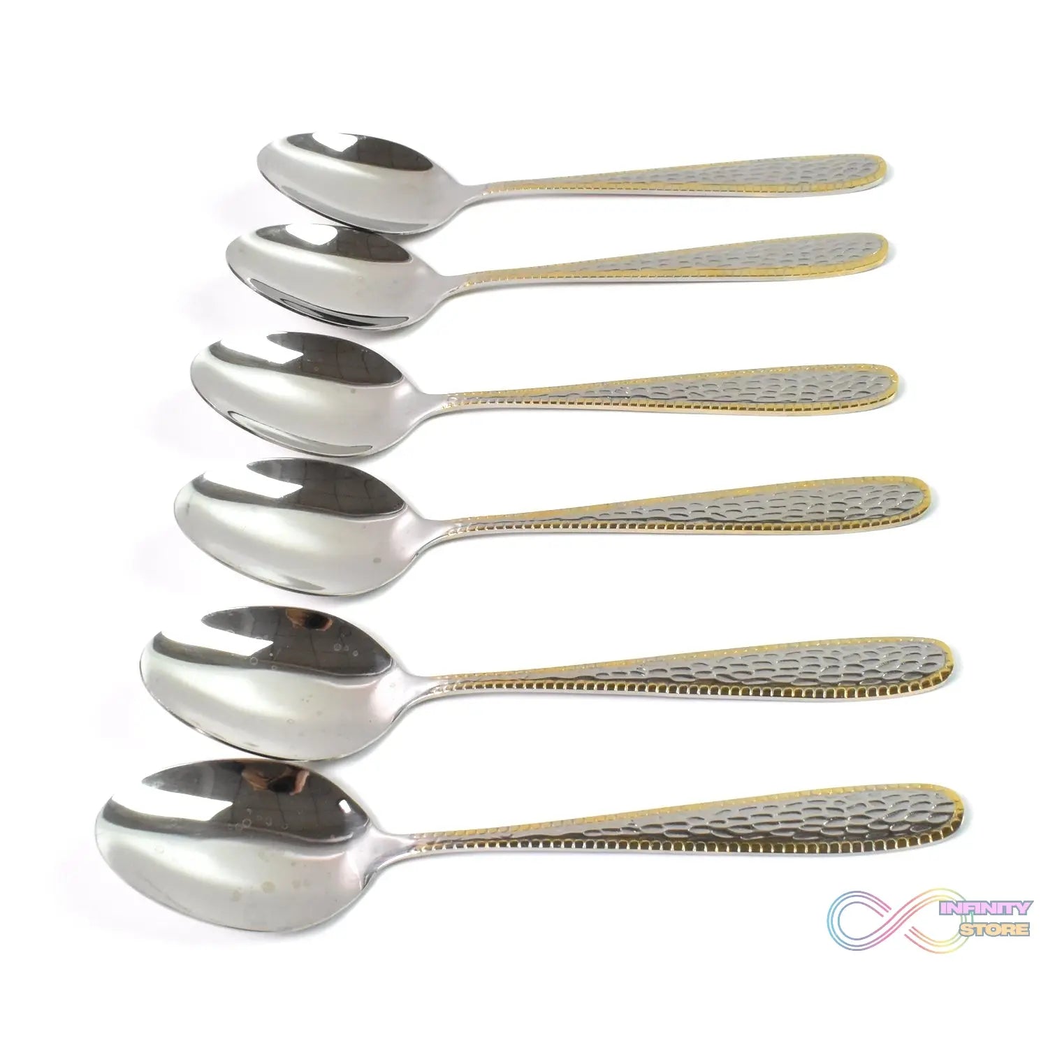 Stainless Steel Gold Bordered Textured Spoons Gold Plated Handle Set of 6 Pc - infinityexculsivestore.com